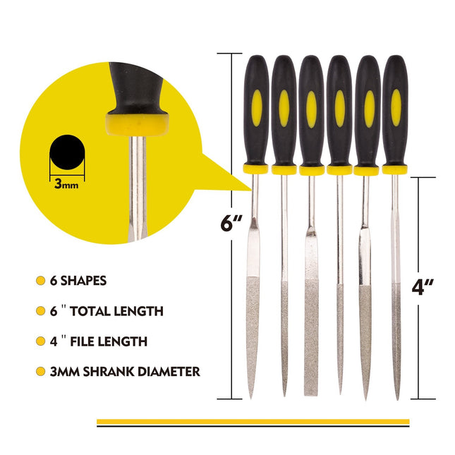 Buyohlic International 6-Pieces Needle File Set Hand Metal Files Flat Warding, Square, Triangular, Round, and Half-Round File.