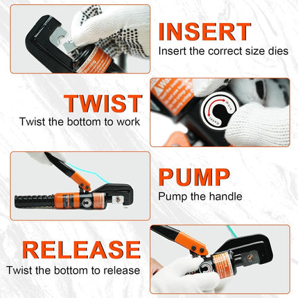 10 Ton Hydraulic Battery Cable Crimper with 9 Dies - Hydraulic Crimper Tool with Dual-Blade Weir Cutter & Spring-Loaded Handle Crimper Kit for 12-2/0 AWG, 1/8" Stainless Steel Railing