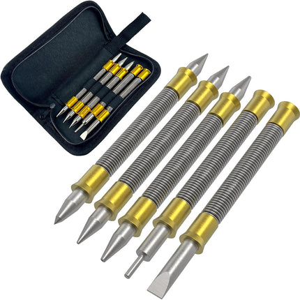 5 Pcs Nail Setter Punch Set, Dual Head Spring Nail Set & Center Punch Tool, Hinge Pin Removing Punch (1/8"), Cold Chisel (5/16"), Nail Setter Sizes 1/32", 1/16", 3/32", 1/8", Center Punch 1/8", 3/16"