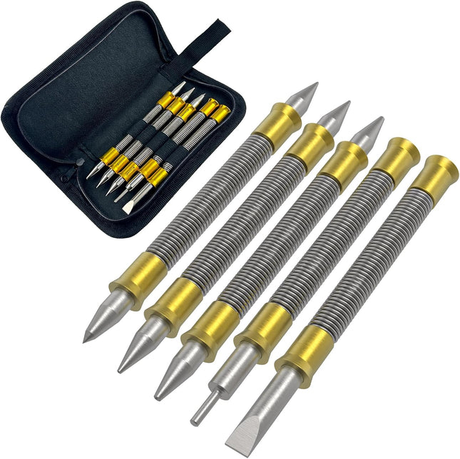 5 Pcs Nail Setter Punch Set, Dual Head Spring Nail Set & Center Punch Tool, Hinge Pin Removing Punch (1/8"), Cold Chisel (5/16"), Nail Setter Sizes 1/32", 1/16", 3/32", 1/8", Center Punch 1/8", 3/16"