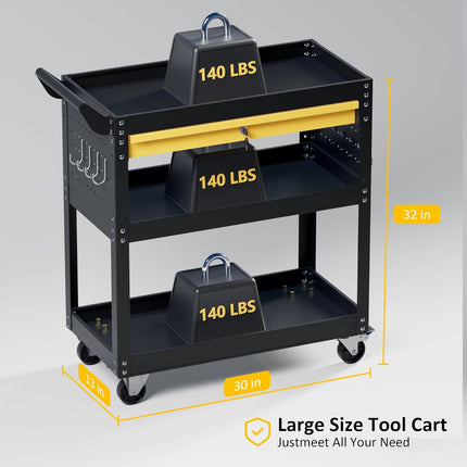 3-Tier Heavy Duty Rolling Tool Cart with Drawers & Pegboard – 440 lbs Capacity Steel Utility Cart on Wheels, Lockable Work Cart for Mechanic, Garage, Workshop