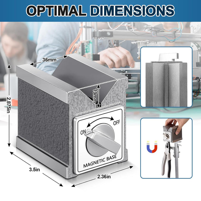 Magnetic V Block with Switch 2.875" High 2.36'' Wide by 3.5'' Deep MVB 3 Sides V Block for Mechanical Calibration Technical Measurement Machining Workpiece Measurement Equipment Calibration
