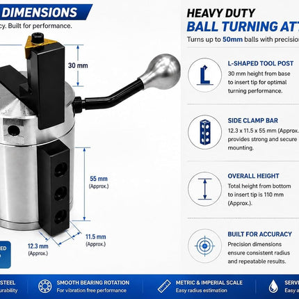 Precision Lathe Ball Turning Attachment | Up to 60mm Radius | Heavy-Duty Steel Body | TNMG16 Carbide Insert Included | Metric & Imperial Markings | Reversible Safety Handle