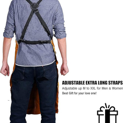 Leather Welding Work Apron with 6 Tool Pockets, Heat & Flame Resistant Welder Aprons, 24" x 36", Adjustable M to XXXL