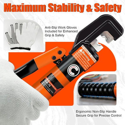 10 Ton Hydraulic Battery Cable Crimper with 9 Dies - Hydraulic Crimper Tool with Dual-Blade Weir Cutter & Spring-Loaded Handle Crimper Kit for 12-2/0 AWG, 1/8" Stainless Steel Railing