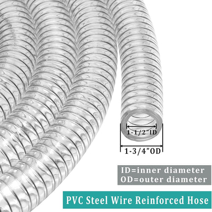 Flexible Hose 1 1/2" id - 25ft Clear PVC Spiral Steel Wire Reinforced Vinyl Tubing 1.5 inch Plastic Vacuum Pipe Flex Suction Hose for Dust Collection Boat Marine Pump, Drain Water Fuel Gas
