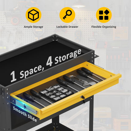 3-Tier Heavy Duty Rolling Tool Cart with Drawers & Pegboard – 440 lbs Capacity Steel Utility Cart on Wheels, Lockable Work Cart for Mechanic, Garage, Workshop