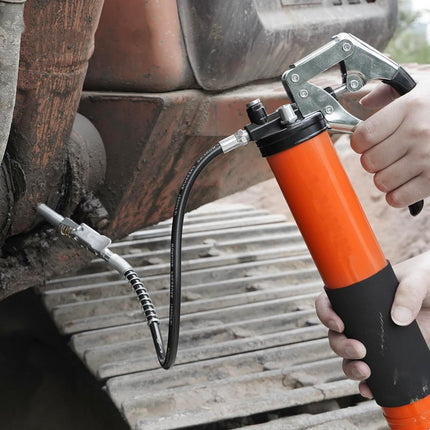 Heavy Duty Pistol Grip Grease Gun Kit | Loop & Lock Storage | 14oz Load Capacity | 18" Flex Hose | 1 Lock Coupler | 1 90 Degree Grease Coupler | 1 Basic Coupler