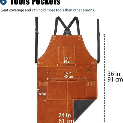 Leather Welding Work Apron with 6 Tool Pockets, Heat & Flame Resistant Welder Aprons, 24" x 36", Adjustable M to XXXL