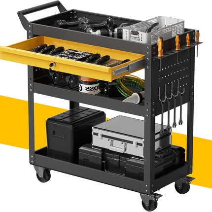 3-Tier Heavy Duty Rolling Tool Cart with Drawers & Pegboard – 440 lbs Capacity Steel Utility Cart on Wheels, Lockable Work Cart for Mechanic, Garage, Workshop