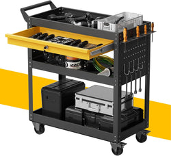 3-Tier Heavy Duty Rolling Tool Cart with Drawers & Pegboard – 440 lbs Capacity Steel Utility Cart on Wheels, Lockable Work Cart for Mechanic, Garage, Workshop