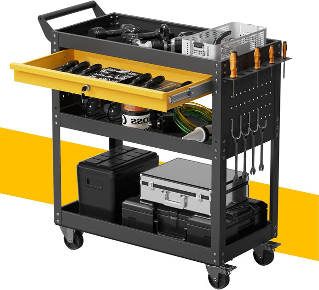 3-Tier Heavy Duty Rolling Tool Cart with Drawers & Pegboard – 440 lbs Capacity Steel Utility Cart on Wheels, Lockable Work Cart for Mechanic, Garage, Workshop