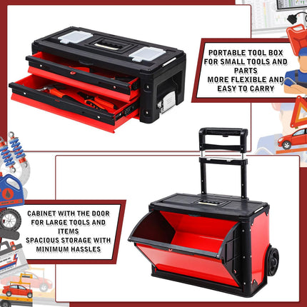 Stackable Rolling Tool Box Portable Metal Tool Chest with Wheels and Drawers 28.35 x 20.47 x 12.6 Inch Trolley Toolbox Organizer 3 Tier Red Upright Tool Bin for Garage or Workshop