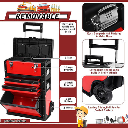 Stackable Rolling Tool Box Portable Metal Tool Chest with Wheels and Drawers 28.35 x 20.47 x 12.6 Inch Trolley Toolbox Organizer 3 Tier Red Upright Tool Bin for Garage or Workshop