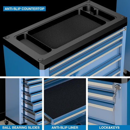 7-Drawer Rolling Tool Chest with Lock&Keys and Swivel Casters,Tool Chest with Multi-Sizes Drawers and Multifunctional Countertop,Special Connect Rods for Connection with 5-Drawer Tool Cabinet