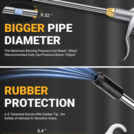 Heavy Duty Air Blow Gun Air Nozzle Blow Gun, Air Blower for Compressor with Bigger Pipe & Extended Nozzle, Pneumatic Air Compressor Accessories Tool for Car Detailing/Industrial Household Cleaning