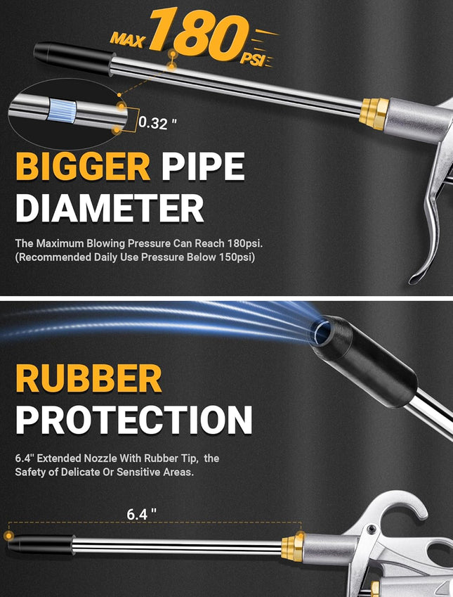 Heavy Duty Air Blow Gun Air Nozzle Blow Gun, Air Blower for Compressor with Bigger Pipe & Extended Nozzle, Pneumatic Air Compressor Accessories Tool for Car Detailing/Industrial Household Cleaning