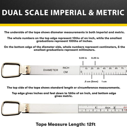 Perfect Pi Diameter Circumference Tape Measure - Imperial and Metric Tape Measure 1/2-inch by 12ft / 3.5m Use for Measuring Cylindrical Objects (Pipe Tape, Tree Tape)