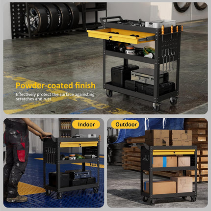 3-Tier Heavy Duty Rolling Tool Cart with Drawers & Pegboard – 440 lbs Capacity Steel Utility Cart on Wheels, Lockable Work Cart for Mechanic, Garage, Workshop