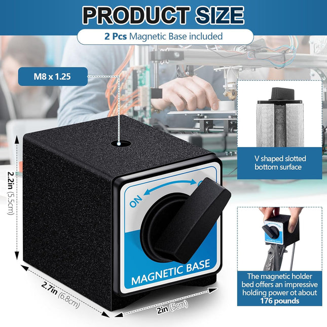 2 Pcs 8T Magnetic Base Holder Bed On/off Switch 176 Lbs Holding Power Magnetic Holder Bed M8 x 1.25 Tapped Hole Switchable Base Stand Without Adjustment Arm for Indicator 2.7" x 2.2" x 2"