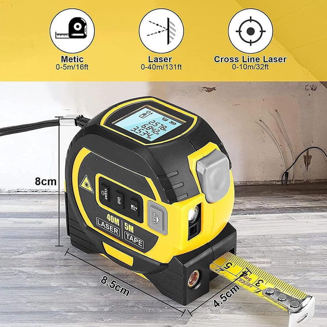 Buyohlic 3-in-1 Laser Tape Measure 196Ft Rechargeable Laser Measurement Tool & 16Ft Measuring Tape Movable Magnetic Hook Pythagorean Mode, Measure Distance, Area and Volume