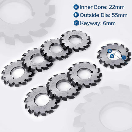 HSS Involute Gear Cutter - DP16 PA14-1/2, Bore22 No.1-8 Gear Cutters, R8 Shank, Milling Arbor Gear Mill Cutter Holder - Lathe CNC Cutting Tools