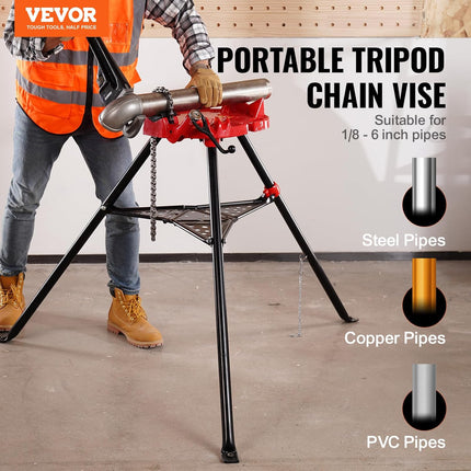 Mophorn 460-6 Tripod Pipe Chain Vise 1/8"-6" Capacity,Pipe Stand Portable Foldable Steel Legs,Pipe Jack Stands w/ Tool Tray, Tripod Stand Chain Vise Ideal for a Variety of Pipe Materials
