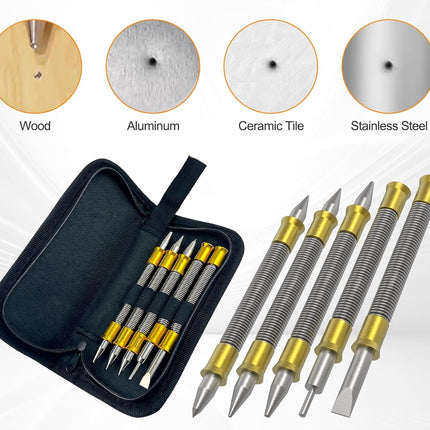 5 Pcs Nail Setter Punch Set, Dual Head Spring Nail Set & Center Punch Tool, Hinge Pin Removing Punch (1/8"), Cold Chisel (5/16"), Nail Setter Sizes 1/32", 1/16", 3/32", 1/8", Center Punch 1/8", 3/16"
