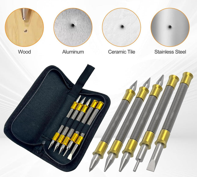 5 Pcs Nail Setter Punch Set, Dual Head Spring Nail Set & Center Punch Tool, Hinge Pin Removing Punch (1/8"), Cold Chisel (5/16"), Nail Setter Sizes 1/32", 1/16", 3/32", 1/8", Center Punch 1/8", 3/16"