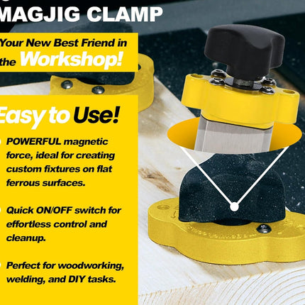 MagJig 95 Magnetic Woodworking and Welding Base Clamp Holder for Wood Working Supplies, Accessories, Tools and Equipment, Magnet Switch with On/Off Capabilities, 95 lb Holding Force, Yellow