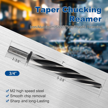 3/4" M2 HSS Taper Chucking Reamer Drill Bit, Taper Reamer Drill Bit for Steel, Alloy, Aluminum, Wood, Plastic