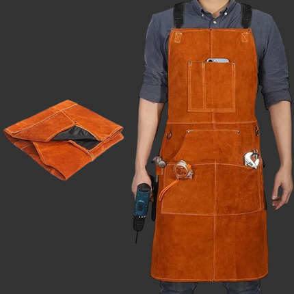 Leather Welding Work Apron with 6 Tool Pockets, Heat & Flame Resistant Welder Aprons, 24" x 36", Adjustable M to XXXL