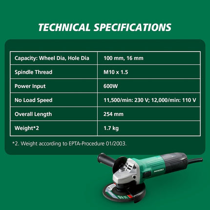 TM TOOLS ANGLE GRINDER 100MM 4" HI KOKI (G10SS2S8Z)