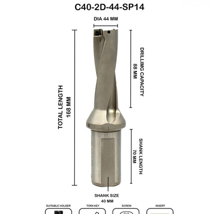 Indexable Insert U Drill 44 MM II Weldon Shank II Through Coolant II 10 pcs Carbide Inserts FREE
