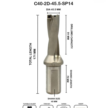 Indexable Insert U Drill 45.5 MM II Weldon Shank II Through Coolant II 10 pcs Carbide Inserts FREE
