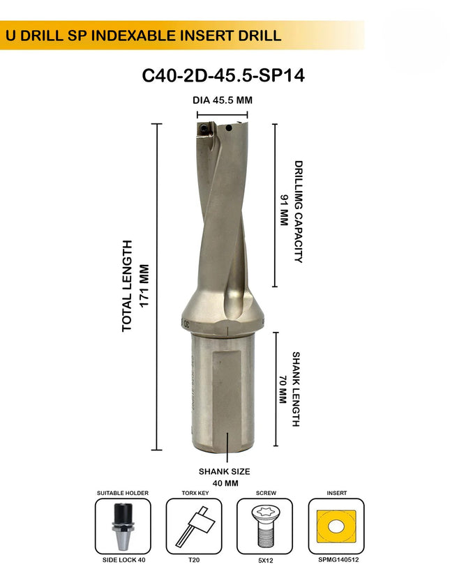 Indexable Insert U Drill 45.5 MM II Weldon Shank II Through Coolant II 10 pcs Carbide Inserts FREE