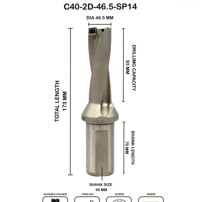 Indexable Insert U Drill 46.5 MM II Weldon Shank II Through Coolant II 10 pcs Carbide Inserts FREE