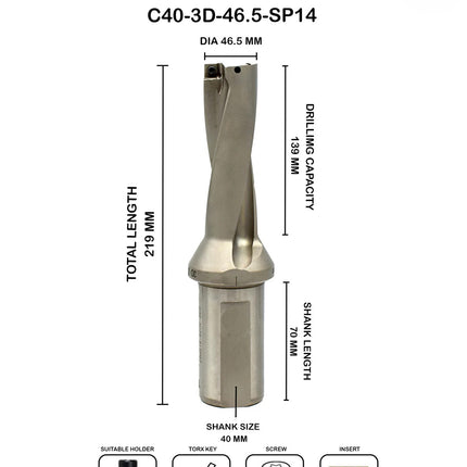 Indexable Insert U Drill 46.5 MM II Weldon Shank II Through Coolant II 10 pcs Carbide Inserts FREE