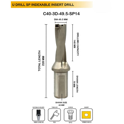 Indexable Insert U Drill 49.5 MM II Weldon Shank II Through Coolant II 10 pcs Carbide Inserts FREE