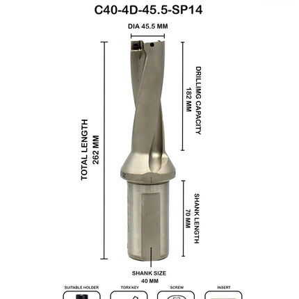 Indexable Insert U Drill 45.5 MM II Weldon Shank II Through Coolant II 10 pcs Carbide Inserts FREE