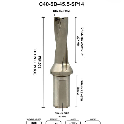 Indexable Insert U Drill 45.5 MM II Weldon Shank II Through Coolant II 10 pcs Carbide Inserts FREE