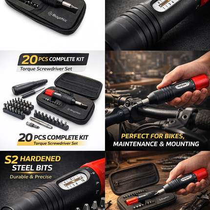 20 Pcs Preset Torque Screwdriver with S2 Bits, 1/4” Drive Torque Wrench Screwdriver Set for Maintenance, Tools, Bike Repairing and Mounting, Torque Range 1~ 6 N.m