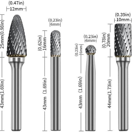 Buyohlic Set of 8 pcs Tungsten Carbide Burr Set 1/4" Shank Wood Stone Carving Cutting Engraving Grinder Kit Attachment Rotary Tool Accessories Set Harder than Diamond
