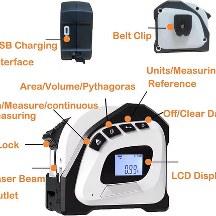 Buyohlic 2-in-1 Laser Tape Measure 131Ft Rechargeable Laser Measurement Tool & 16Ft Measuring Tape Movable Magnetic Hook Pythagorean Mode, Measure Distance, Area and Volume