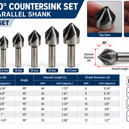 High Speed Steel (HSS) 90° Countersink Set with Parallel Shank – 7 Piece Set