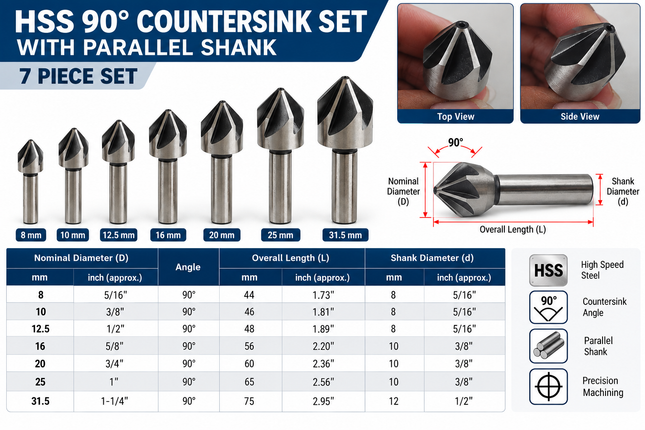 High Speed Steel (HSS) 90° Countersink Set with Parallel Shank – 7 Piece Set