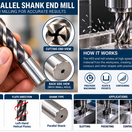 HSS Parallel Shank End Mill – RH Cutting, LH Helical Flutes – Metric Sizes
