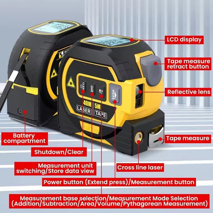 Buyohlic 3-in-1 Laser Tape Measure 196Ft Rechargeable Laser Measurement Tool & 16Ft Measuring Tape Movable Magnetic Hook Pythagorean Mode, Measure Distance, Area and Volume