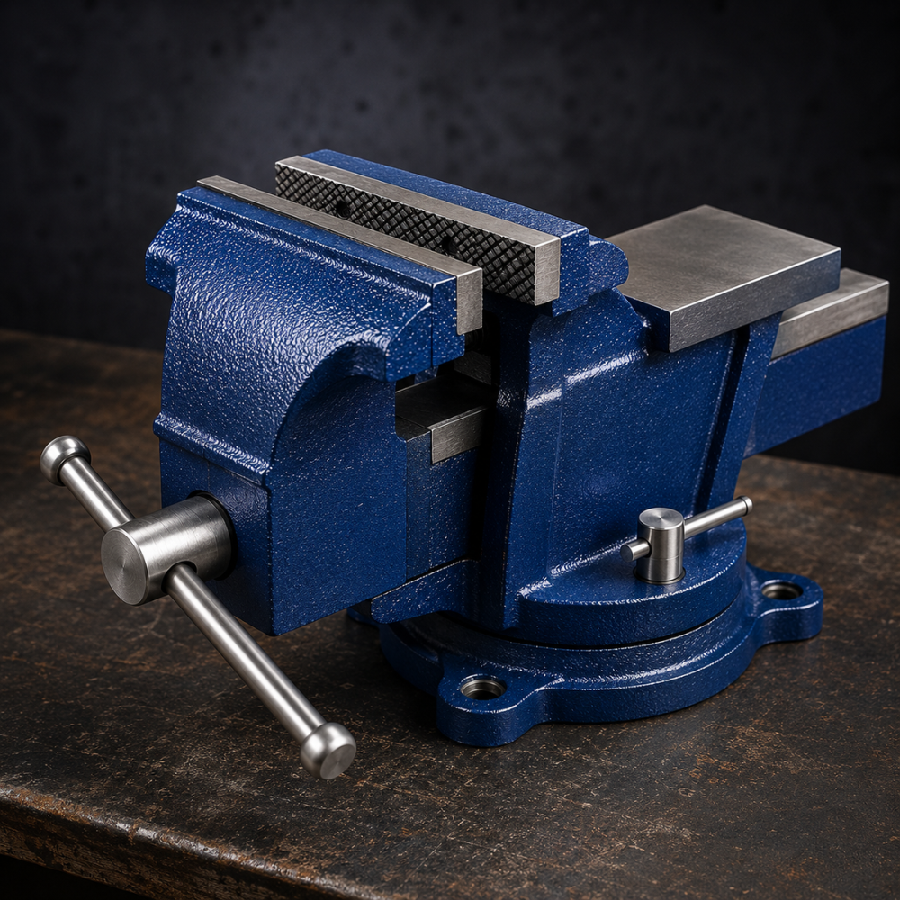 Buyohlic bench vice for metalworking heavy cast iron body with swivel base and serrated steel jaws