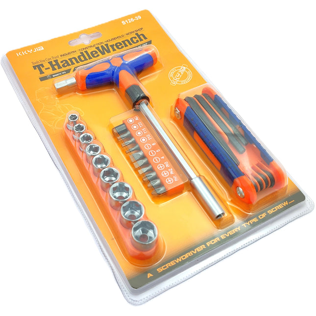 Set of 25 Pcs Magnetic T-Handle Ratchet Wrench and Screwdriver Set 9 Pc x sockets, 10 Pcs x Screw driver heads Set, 1 x Allen key Set, & 1 Pc x T-Handle Wrench